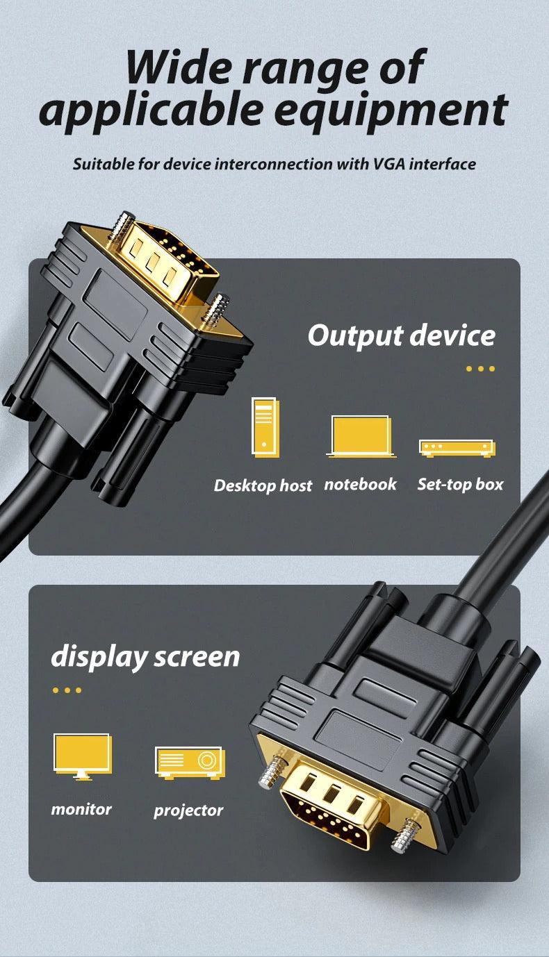 VGA Cable 1080P HD Male To Male Bold Extension Cable Cord Gold Plated Connectors Support 1080P Full HD For Computer Laptop Projector HDTV Monitor