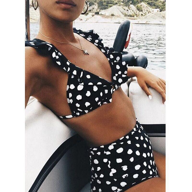 Vintage Black White Bikini High Waist Swimwear Push Up Bikini Swimsuit For Women Underwire Bikini Top Ruffle Padded Two Piece Bathing Suits Teen Girls Women Push Up Swimsuit Ruffle Dot Swimsuit Bikini Summer Beach Wear