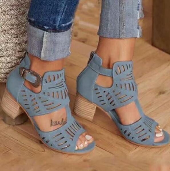 Vintage Hollow Out Sandals Mid Heel Summer Slip-On Buckle Shoes Artificial Open Toe Casual Wedding Hollow Out Lace Closure Low Heels Sandals For Women Peep Toe Comfort Non-Slip Flat Sandals