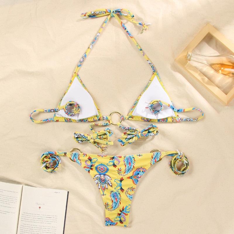 Vintage Print Bikini Female Handwork Small Ruffle Swimming Suit For Women Swimwear High Cut Bikini Set String Print Halter String Triangle Bikini Set Luxury Swimwear Two Piece Swimsuit