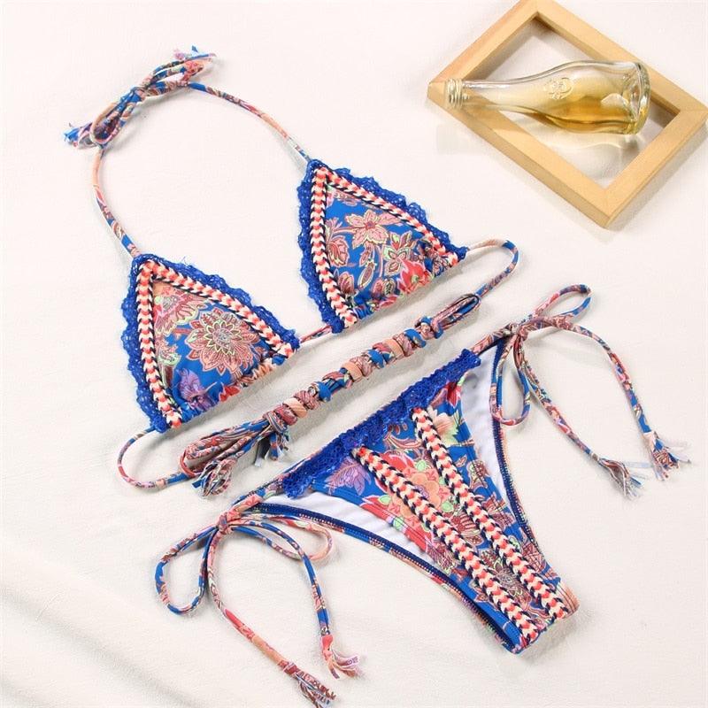 Vintage Print Bikini Female Handwork Small Ruffle Swimming Suit For Women Swimwear High Cut Bikini Set String Print Halter String Triangle Bikini Set Luxury Swimwear Two Piece Swimsuit