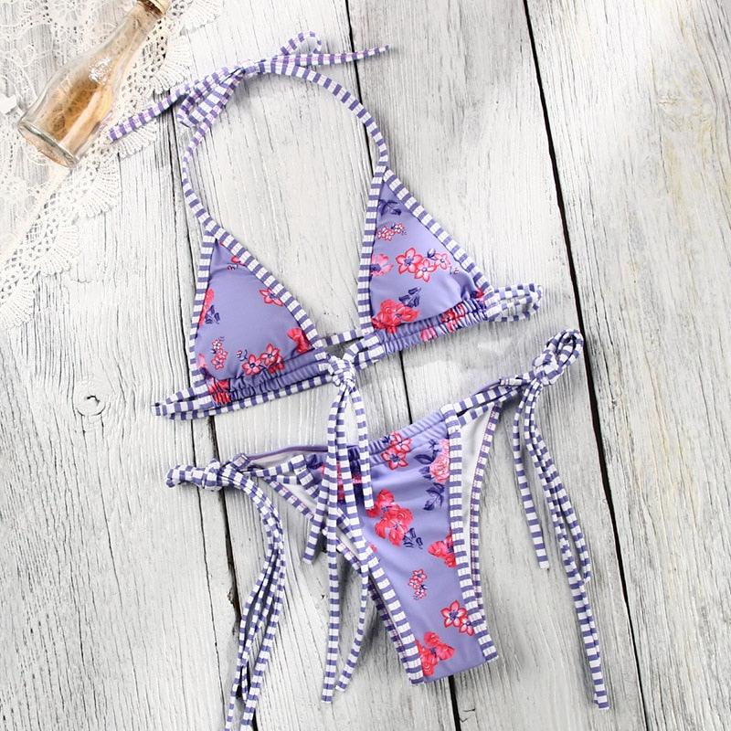 Vintage Print Bikini Female Handwork Small Ruffle Swimming Suit For Women Swimwear High Cut Bikini Set String Print Halter String Triangle Bikini Set Luxury Swimwear Two Piece Swimsuit