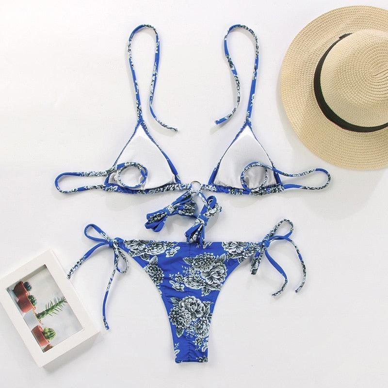 Vintage Print Bikini Female Handwork Small Ruffle Swimming Suit For Women Swimwear High Cut Bikini Set String Print Halter String Triangle Bikini Set Luxury Swimwear Two Piece Swimsuit