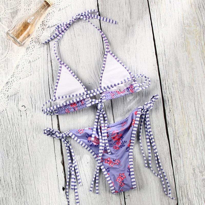Vintage Print Bikini Female Handwork Small Ruffle Swimming Suit For Women Swimwear High Cut Bikini Set String Print Halter String Triangle Bikini Set Luxury Swimwear Two Piece Swimsuit