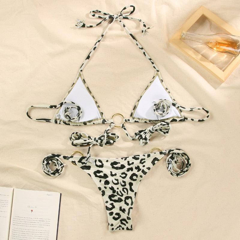 Vintage Print Bikini Female Handwork Small Ruffle Swimming Suit For Women Swimwear High Cut Bikini Set String Print Halter String Triangle Bikini Set Luxury Swimwear Two Piece Swimsuit