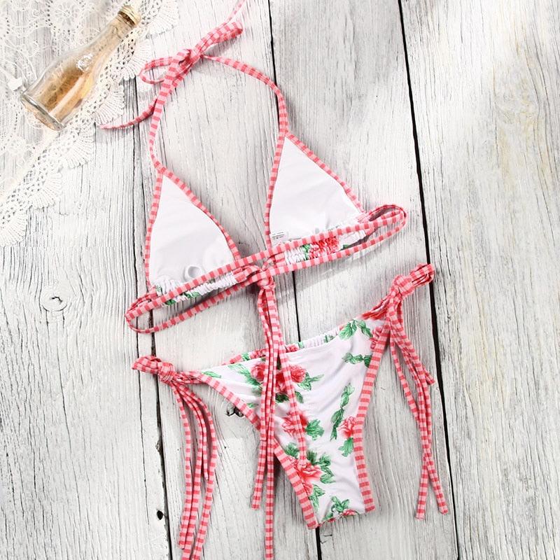 Vintage Print Bikini Female Handwork Small Ruffle Swimming Suit For Women Swimwear High Cut Bikini Set String Print Halter String Triangle Bikini Set Luxury Swimwear Two Piece Swimsuit