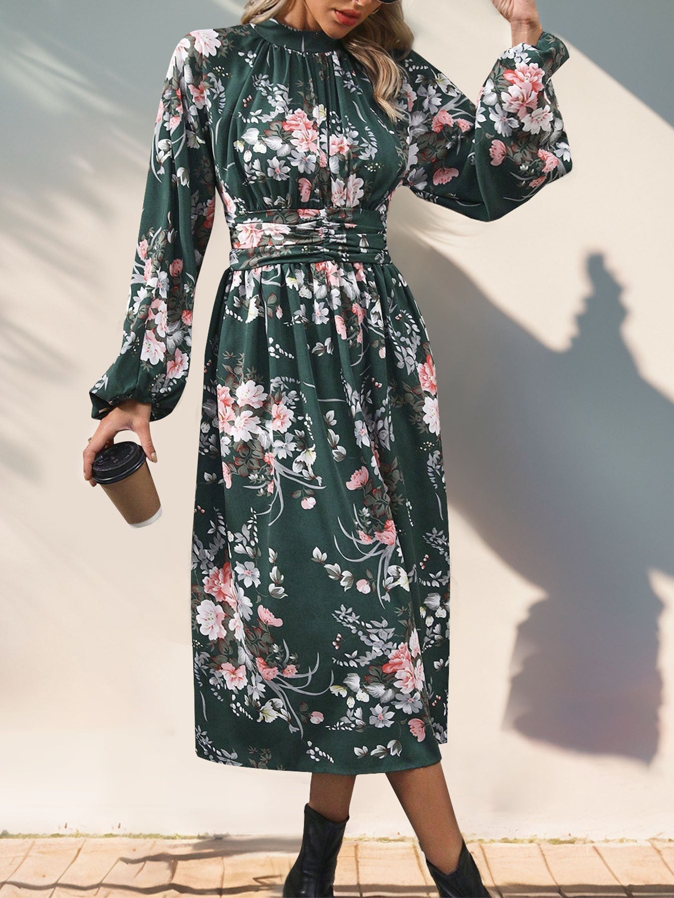 Vintage printed elegant high waisted dress with long sleeves and stand up collar women's long skirt