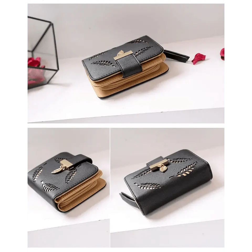 Vintage PU Leather Short Wallets Leaf Design Fashion Purse For Women Elegant Ladies Cute Zipper Purses Card Holders Women Wallet