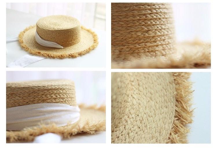 Vintage Straw Hat Women Wide Sun Protection Beach Hat Black And White Ribbon Bowknot Cute Design Straw Cap Women Elegant Summer Hat Beach Fedoras Casual Ladies Flat Top Hat