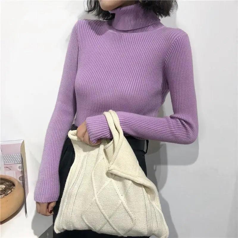 Vintage Style Autumn Winter Thick Sweater For Women Knitted Ribbed Pullover Sweater Long Sleeve Turtleneck Slim Jumper Soft Warm Pullover