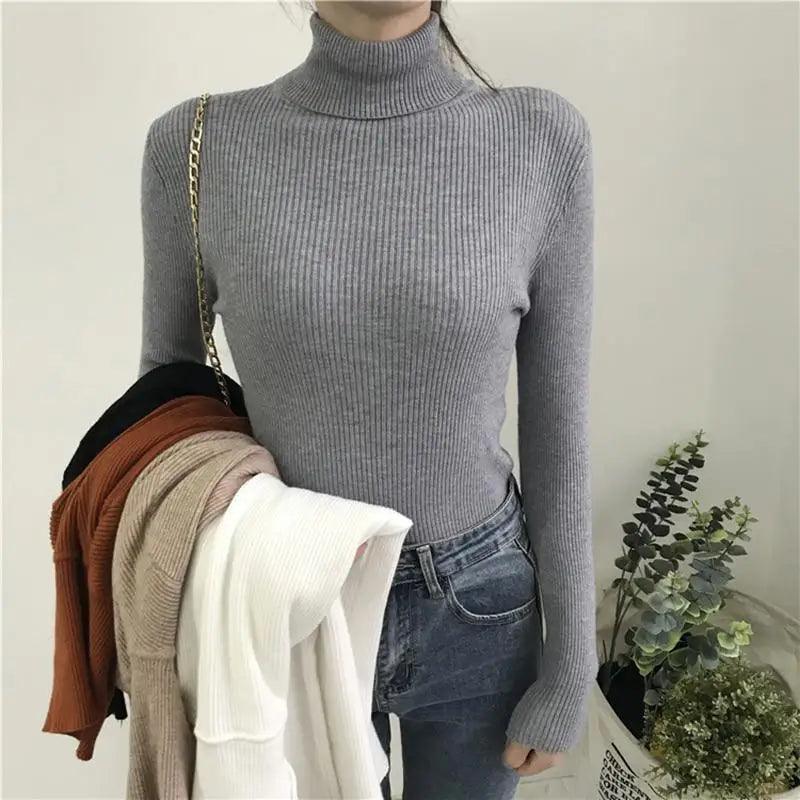 Vintage Style Autumn Winter Thick Sweater For Women Knitted Ribbed Pullover Sweater Long Sleeve Turtleneck Slim Jumper Soft Warm Pullover