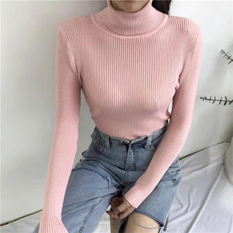 Vintage Style Autumn Winter Thick Sweater For Women Knitted Ribbed Pullover Sweater Long Sleeve Turtleneck Slim Jumper Soft Warm Pullover