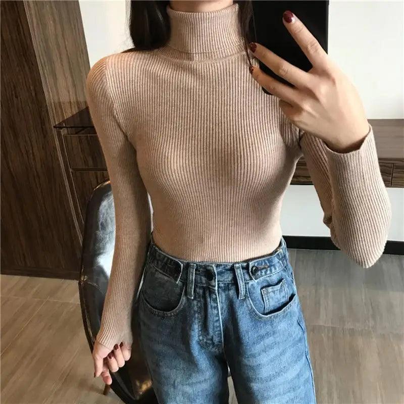 Vintage Style Autumn Winter Thick Sweater For Women Knitted Ribbed Pullover Sweater Long Sleeve Turtleneck Slim Jumper Soft Warm Pullover