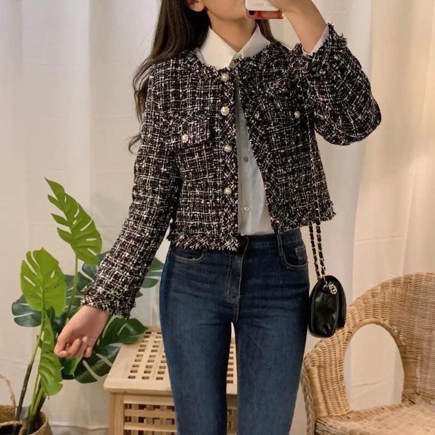 Vintage Style Autumn Winter Tweed Jackets For Women O-Neck Long Sleeve Loose Wool Coat Single Breasted Outwear For Girls