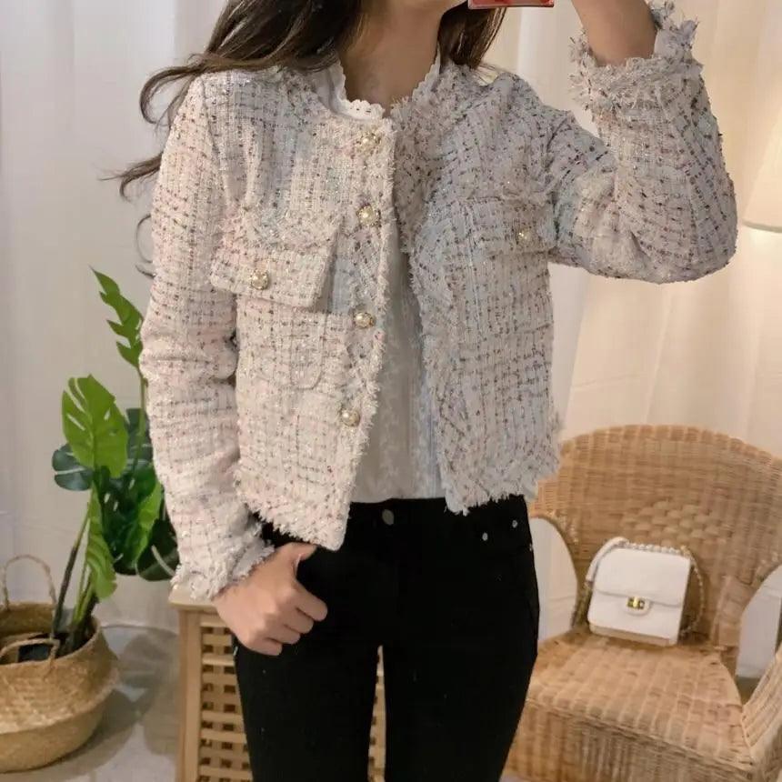 Vintage Style Autumn Winter Tweed Jackets For Women O-Neck Long Sleeve Loose Wool Coat Single Breasted Outwear For Girls