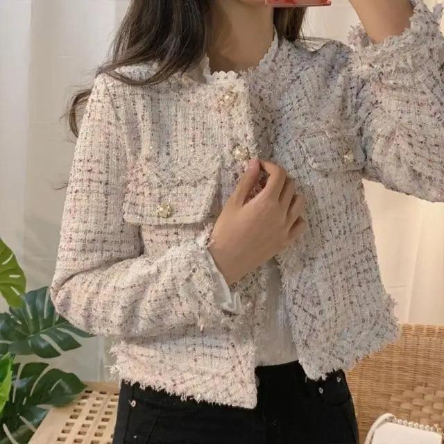 Vintage Style Autumn Winter Tweed Jackets For Women O-Neck Long Sleeve Loose Wool Coat Single Breasted Outwear For Girls