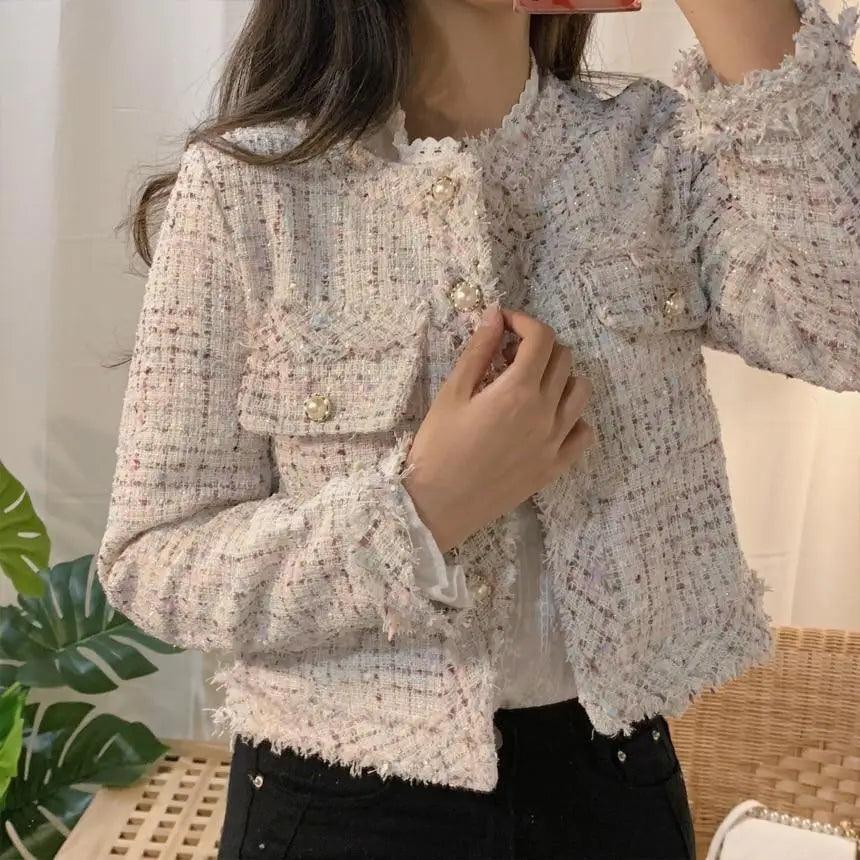Vintage Style Autumn Winter Tweed Jackets For Women O-Neck Long Sleeve Loose Wool Coat Single Breasted Outwear For Girls