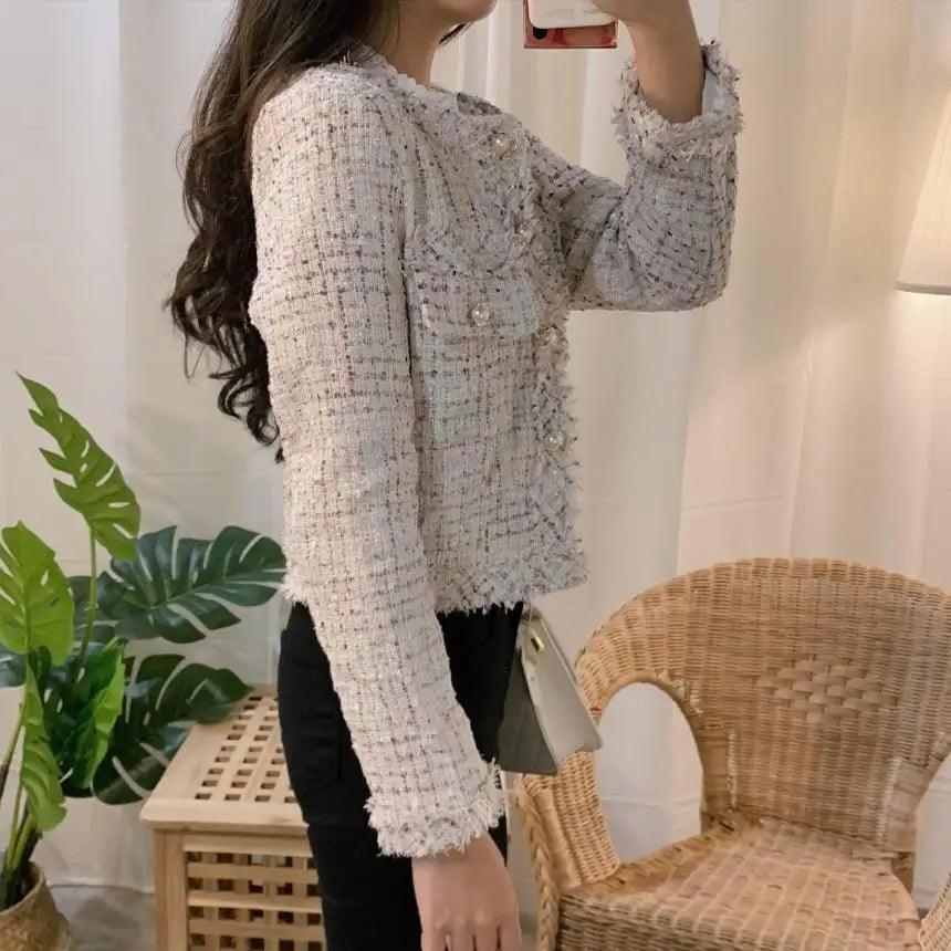 Vintage Style Autumn Winter Tweed Jackets For Women O-Neck Long Sleeve Loose Wool Coat Single Breasted Outwear For Girls