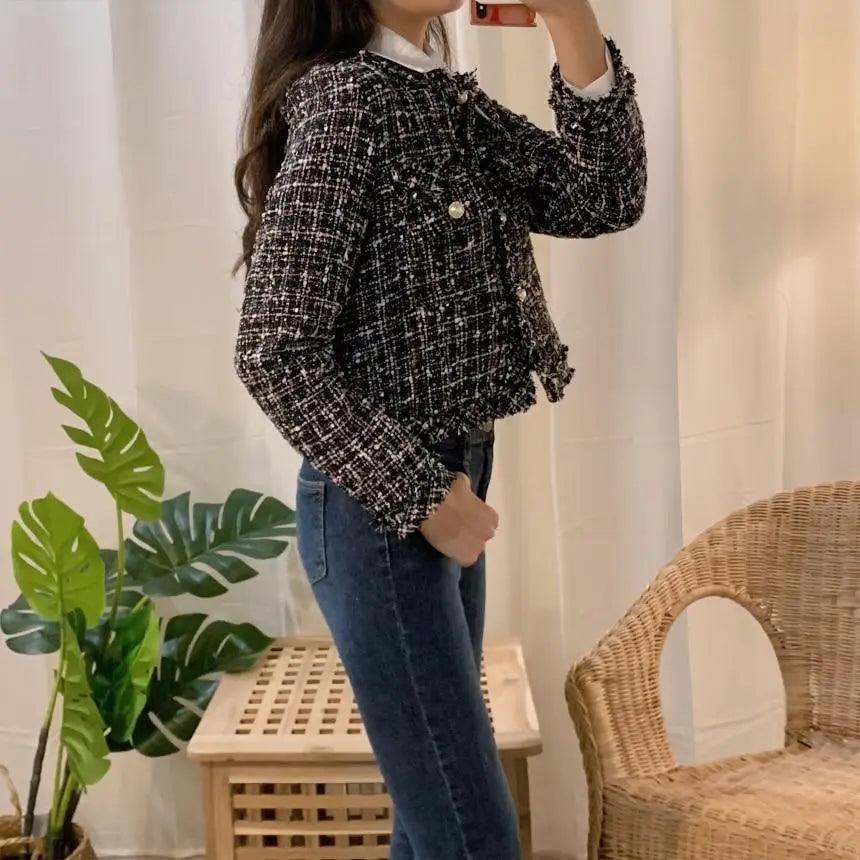 Vintage Style Autumn Winter Tweed Jackets For Women O-Neck Long Sleeve Loose Wool Coat Single Breasted Outwear For Girls