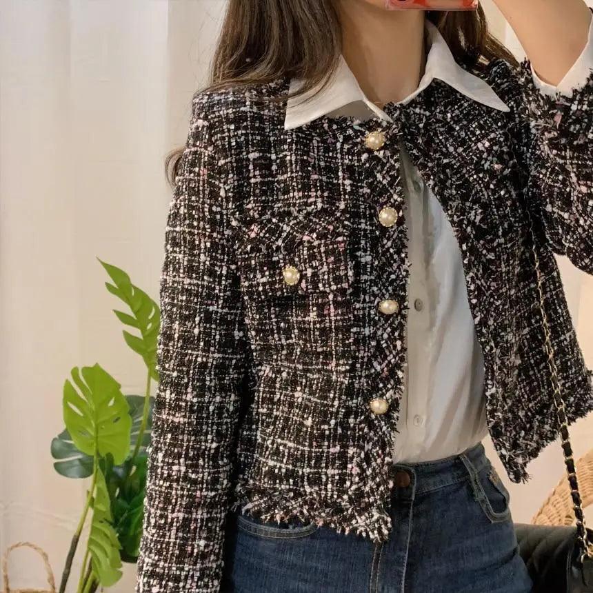 Vintage Style Autumn Winter Tweed Jackets For Women O-Neck Long Sleeve Loose Wool Coat Single Breasted Outwear For Girls