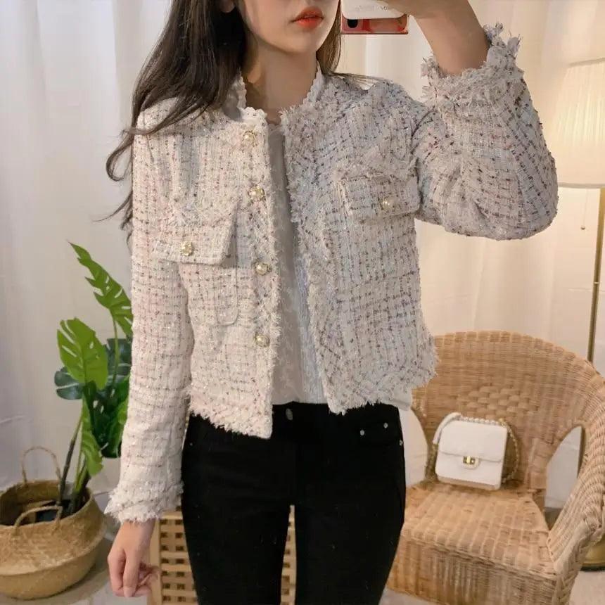 Vintage Style Autumn Winter Tweed Jackets For Women O-Neck Long Sleeve Loose Wool Coat Single Breasted Outwear For Girls