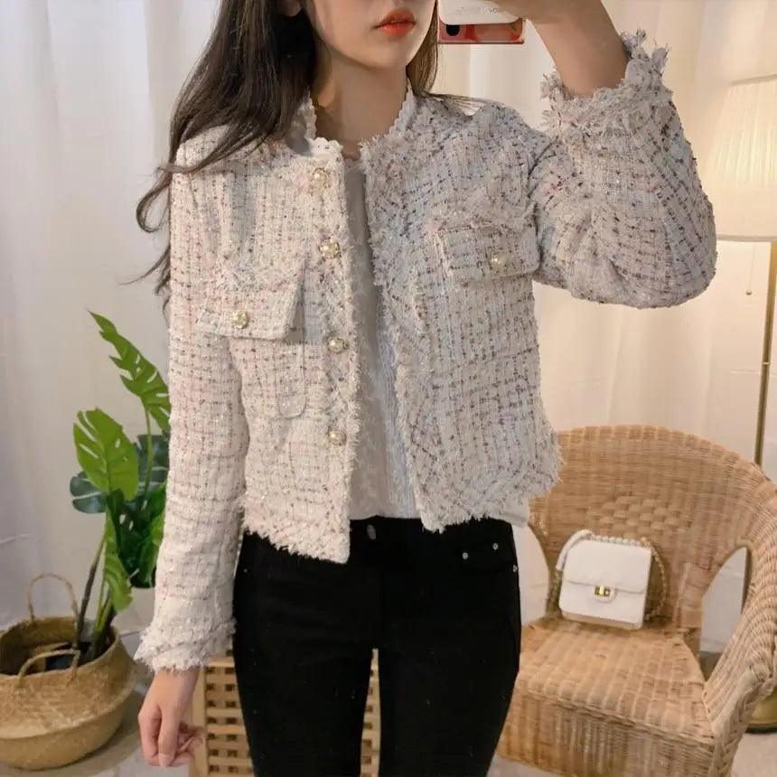 Vintage Style Autumn Winter Tweed Jackets For Women O-Neck Long Sleeve Loose Wool Coat Single Breasted Outwear For Girls