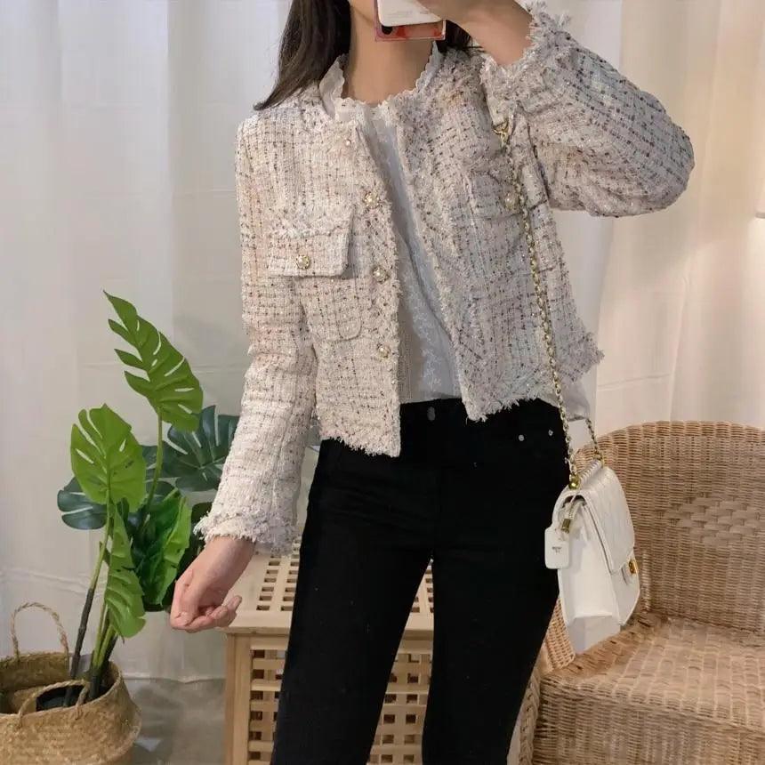Vintage Style Autumn Winter Tweed Jackets For Women O-Neck Long Sleeve Loose Wool Coat Single Breasted Outwear For Girls