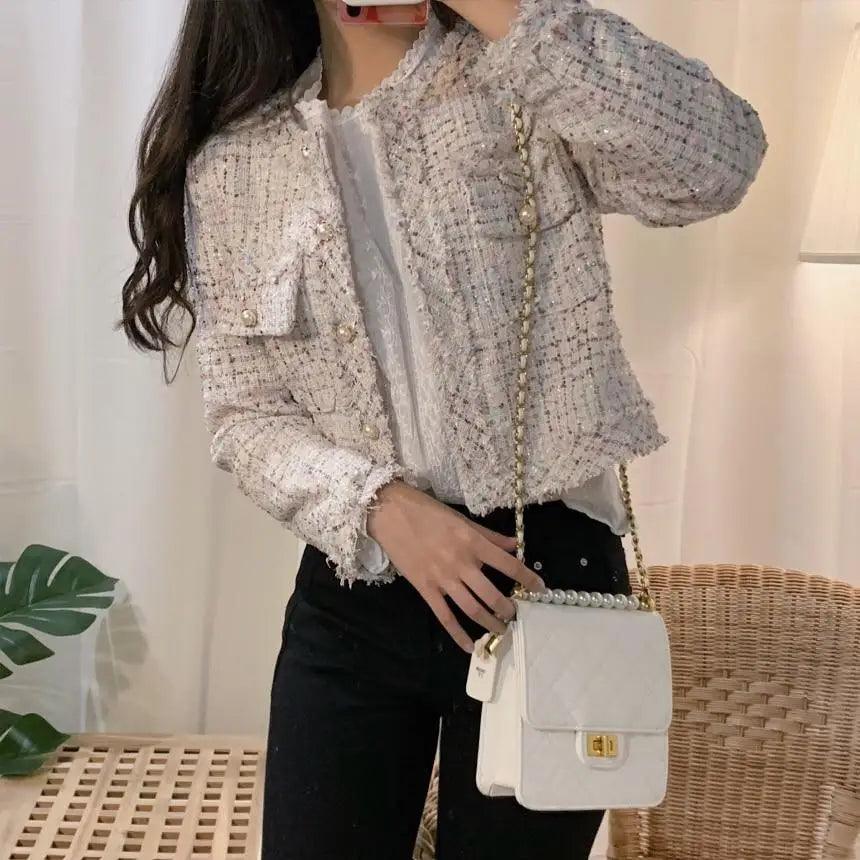 Vintage Style Autumn Winter Tweed Jackets For Women O-Neck Long Sleeve Loose Wool Coat Single Breasted Outwear For Girls
