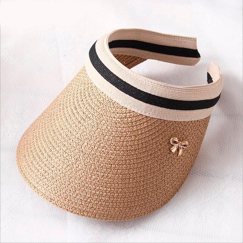 Vintage Women's Sun Hats Handmade Straw Visor Caps Fashionable Adult Sun Beach Top Hats Cute Bowknot Design Fashion Summer Women's Casual Caps Straw Hats Parent-Child Summer Hat Empty Top Beach Hat