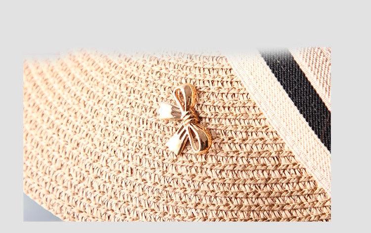 Vintage Women's Sun Hats Handmade Straw Visor Caps Fashionable Adult Sun Beach Top Hats Cute Bowknot Design Fashion Summer Women's Casual Caps Straw Hats Parent-Child Summer Hat Empty Top Beach Hat