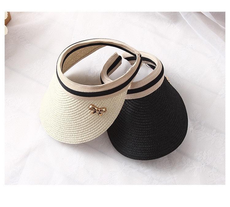 Vintage Women's Sun Hats Handmade Straw Visor Caps Fashionable Adult Sun Beach Top Hats Cute Bowknot Design Fashion Summer Women's Casual Caps Straw Hats Parent-Child Summer Hat Empty Top Beach Hat
