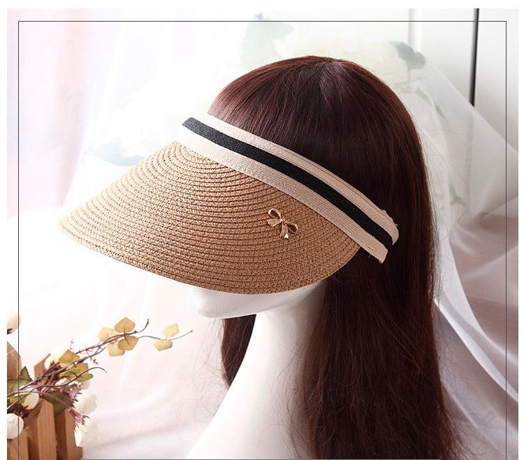 Vintage Women's Sun Hats Handmade Straw Visor Caps Fashionable Adult Sun Beach Top Hats Cute Bowknot Design Fashion Summer Women's Casual Caps Straw Hats Parent-Child Summer Hat Empty Top Beach Hat