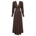 Waist closure pleated French dress in coffee color with V-neck and long sleeves