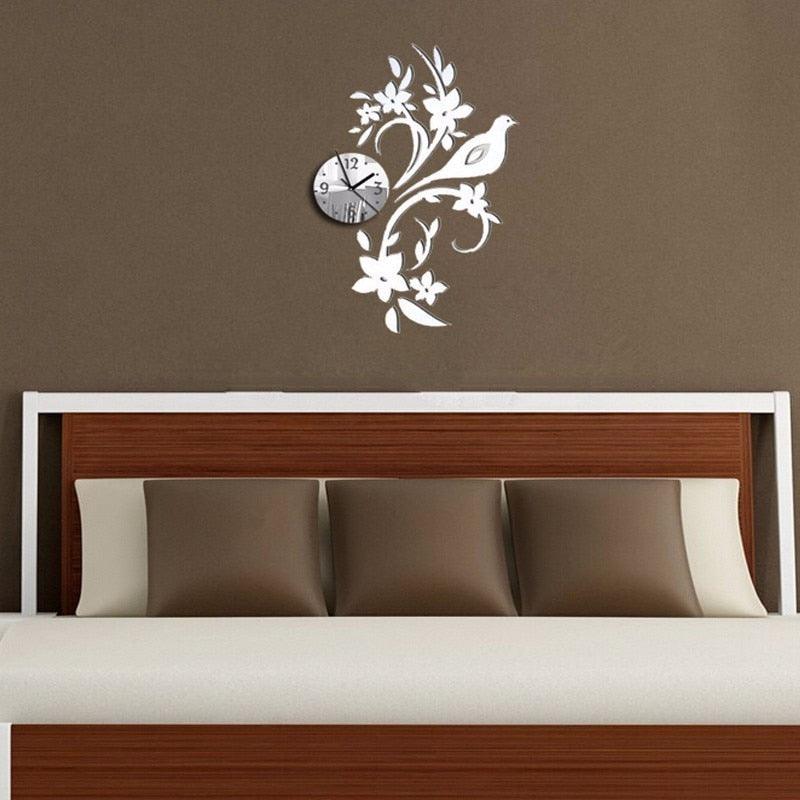 Wall Clock Modern Bird Design 3D Acrylic Mirror Living Room Quartz Needle 3D Clock Acrylic Mirror Wall Clock Decor Sticker Irregular Clock Wall Art Decals Wallpaper Home Decor for Living Room Bedroom Decoration