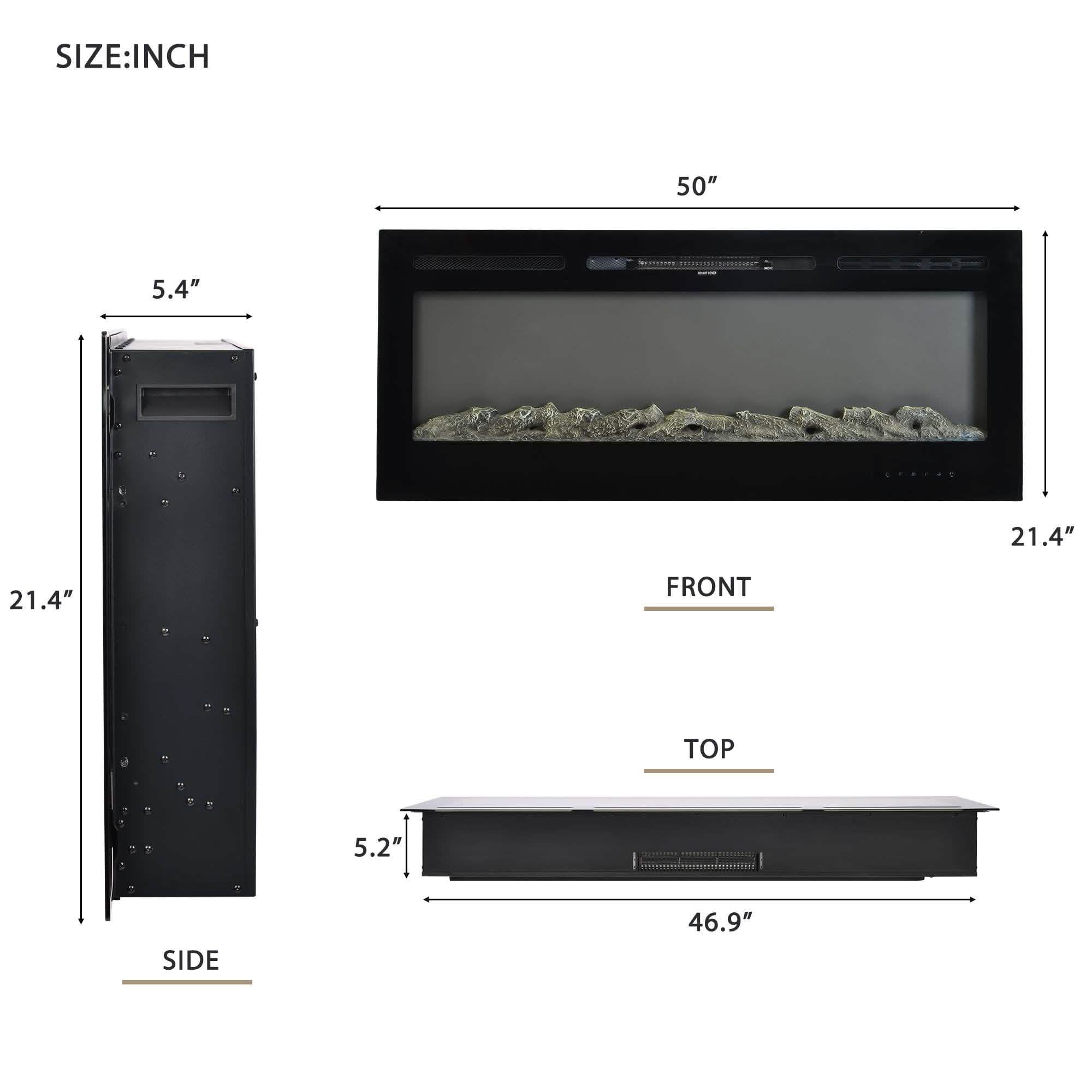 Wall-Mounted Recessed Electronic Fireplace - 50 Inch