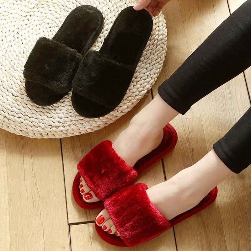Warm Fluffy Slippers Women Faux Fur Slipper Indoor Floor Slides Flat Soft Furry House Warm Comfortable Fuzzy Furry Bedroom Slippers Indoor Cozy Memory Foam Anti-Slip Flip Flops