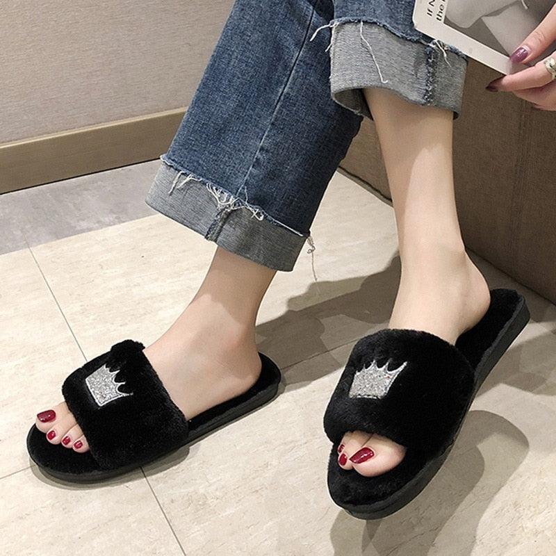 Warm Fluffy Slippers Women Faux Fur Slipper Indoor Floor Slides Flat Soft Furry House Warm Comfortable Fuzzy Furry Bedroom Slippers Indoor Cozy Memory Foam Anti-Slip Flip Flops