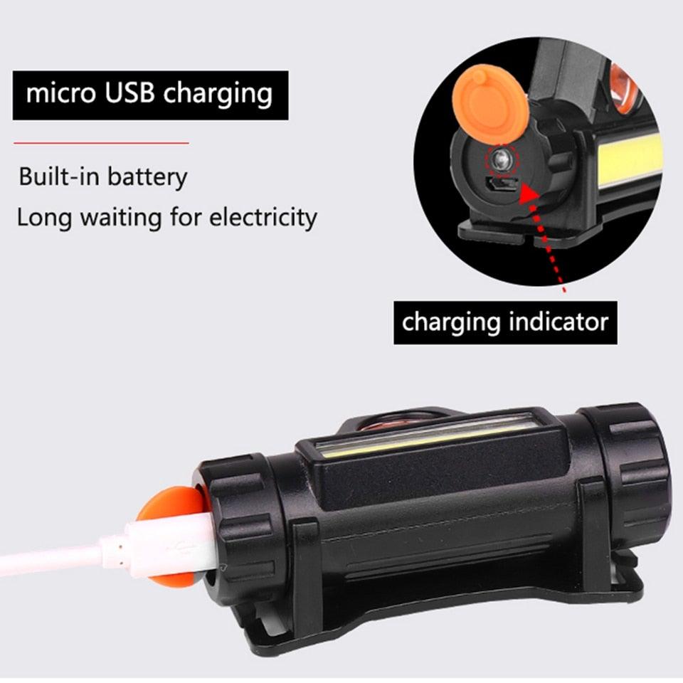 Waterproof 2 Light Mode USB LED Headlight With Magnet Rechargeable Headlamp Built-in 18650 Battery Flashlight  COB Work Light For Outdoor Camping Cycling Fishing Headlamp Flashlight