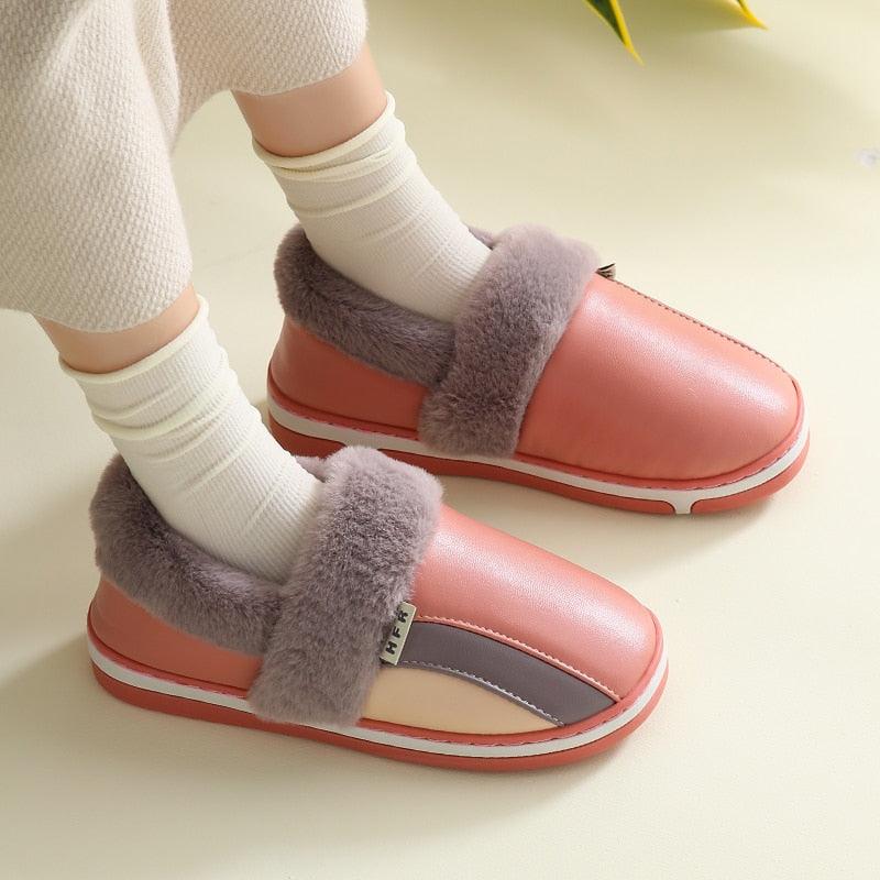 Waterproof Indoor Shoes Womans Mens Winter Home Slippers Faux Leather Warm Plush House Floor Slipper Anti-slip Footwear Women's Cozy Memory Foam Slippers With Warm Plush Fur Lining