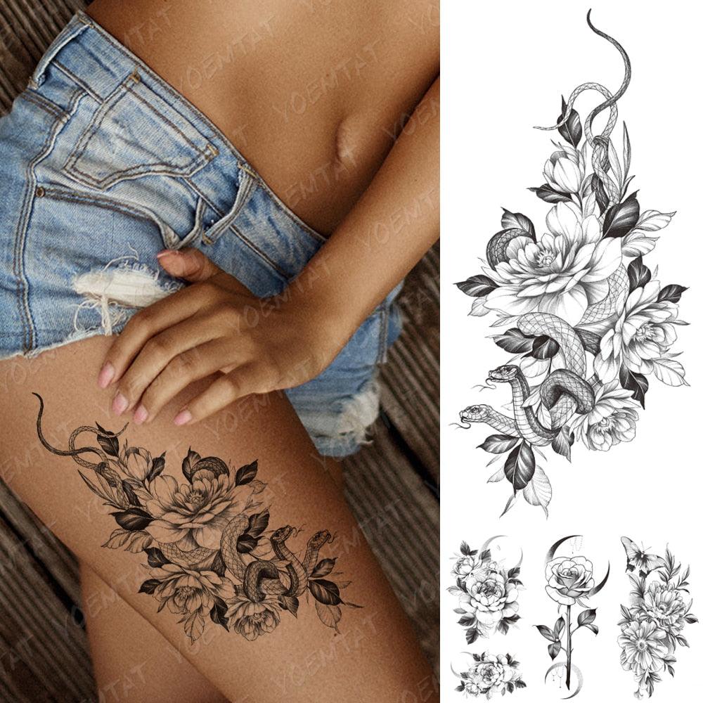 Waterproof Temporary Black Tattoo Sticker Peony Flower Snake Sketch Luxury Big Tattoo For Womens