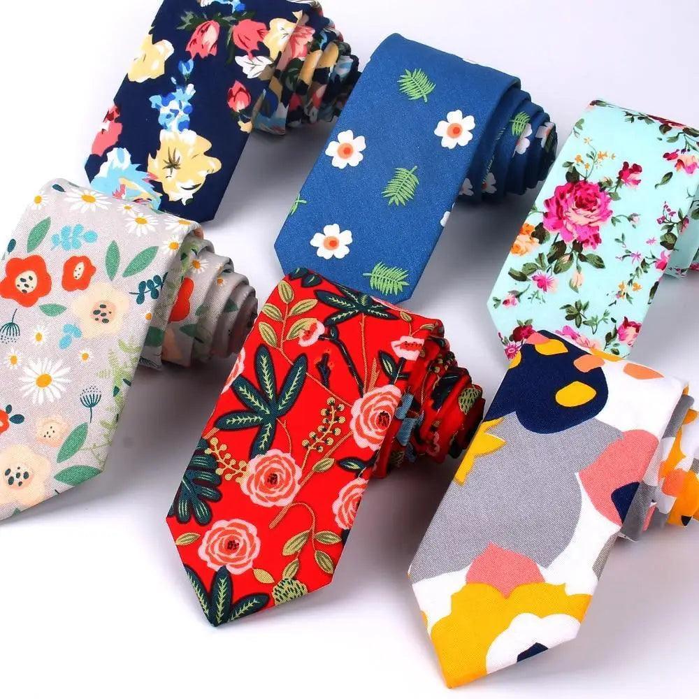 Wedding Men Floral Tie Skinny Cotton Casual Neck Tie Elegant Neckties Flower Print Fashionable Design