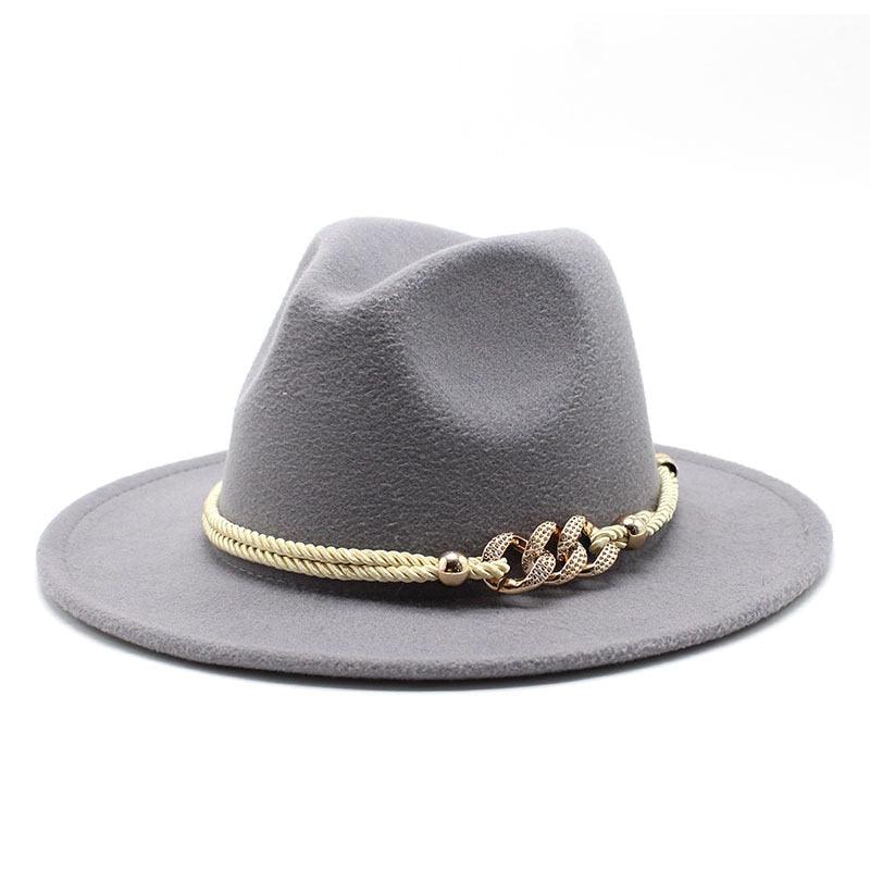 White Elegant Wide Brim Simple Hat Summer Women Lady Retro Wide Brim Hat Charming Fedora Hat Solid Color Fedoras Hat With Chain Men Women Cotton Comfortable Jazz Cap 56-58cm