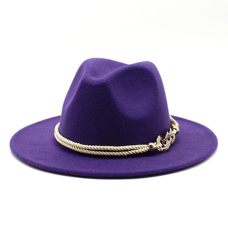 White Elegant Wide Brim Simple Hat Summer Women Lady Retro Wide Brim Hat Charming Fedora Hat Solid Color Fedoras Hat With Chain Men Women Cotton Comfortable Jazz Cap 56-58cm