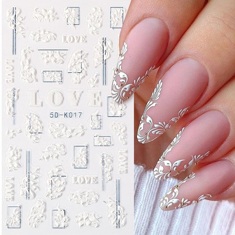 White Embossed Flower Lace 5D Sticker Decal Wedding Nail Art Designs Floral Flower Transfer Decal  Geometry  3D Wave Design Decoration for Women Girls Tape Nail Art Stickers Decal Decoration Geometry Transfer Decals Nail Art Decorations Decoration Decal