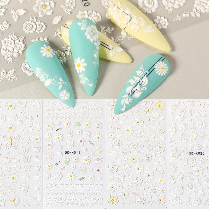 White Embossed Flower Lace Sticker Decal Wedding Nail Art Designs Floral Butterfly Japanese Manicures Nail Decoration Metallic Curve Strip Line Nail Decal Self-Adhesive 3D Wave Design Decoration for Women Girls Adhesive Striping Tape Nail Art Stickers