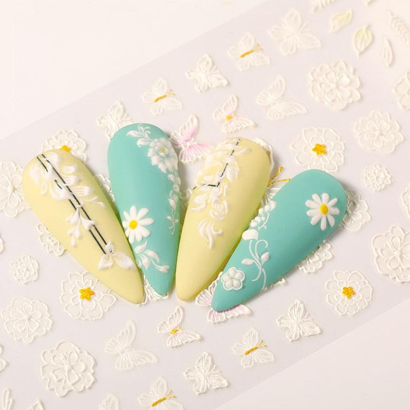 White Embossed Flower Lace Sticker Decal Wedding Nail Art Designs Floral Butterfly Japanese Manicures Nail Decoration Metallic Curve Strip Line Nail Decal Self-Adhesive 3D Wave Design Decoration for Women Girls Adhesive Striping Tape Nail Art Stickers