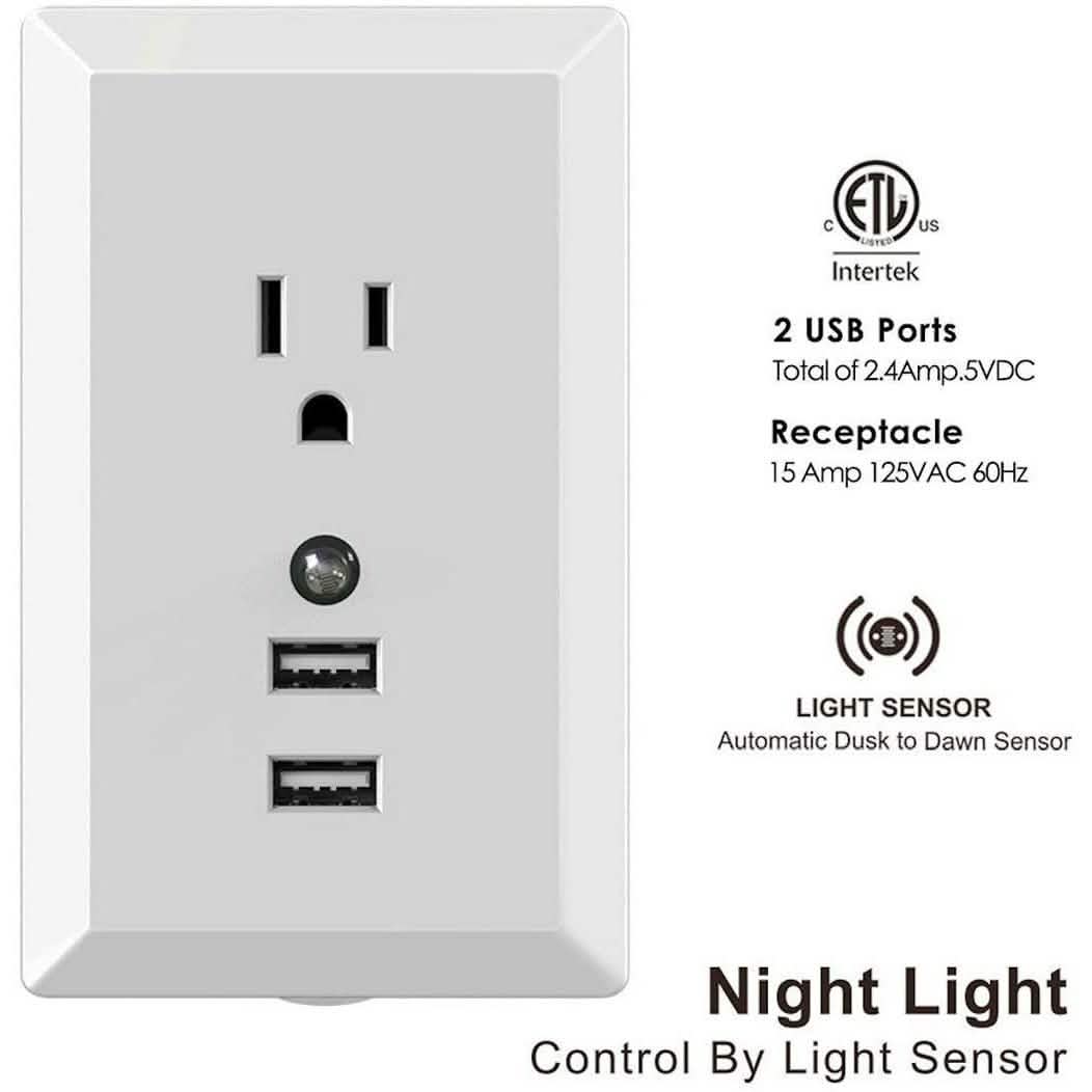 White Light Sensor Dual USB Wall Outlet