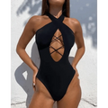 White One Piece Women Fashion Lace-up Plunge Swimsuit Sleeveless Solid Swimwear For Girls