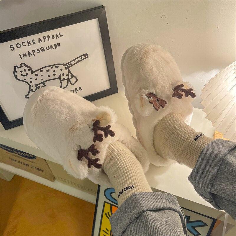 White Slippers For Women Fuzzy Cute Antlers Warm Animal Memory Foam Plush Women Men Indoor Outdoor Bedroom Slippers Fur Home Slippers For Women Memory Foam Anti-Slip Cozy Fluffy Outdoor Indoor Warm Slippers