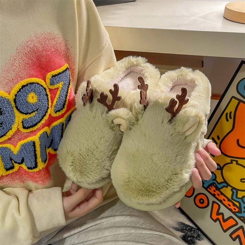 White Slippers For Women Fuzzy Cute Antlers Warm Animal Memory Foam Plush Women Men Indoor Outdoor Bedroom Slippers Fur Home Slippers For Women Memory Foam Anti-Slip Cozy Fluffy Outdoor Indoor Warm Slippers
